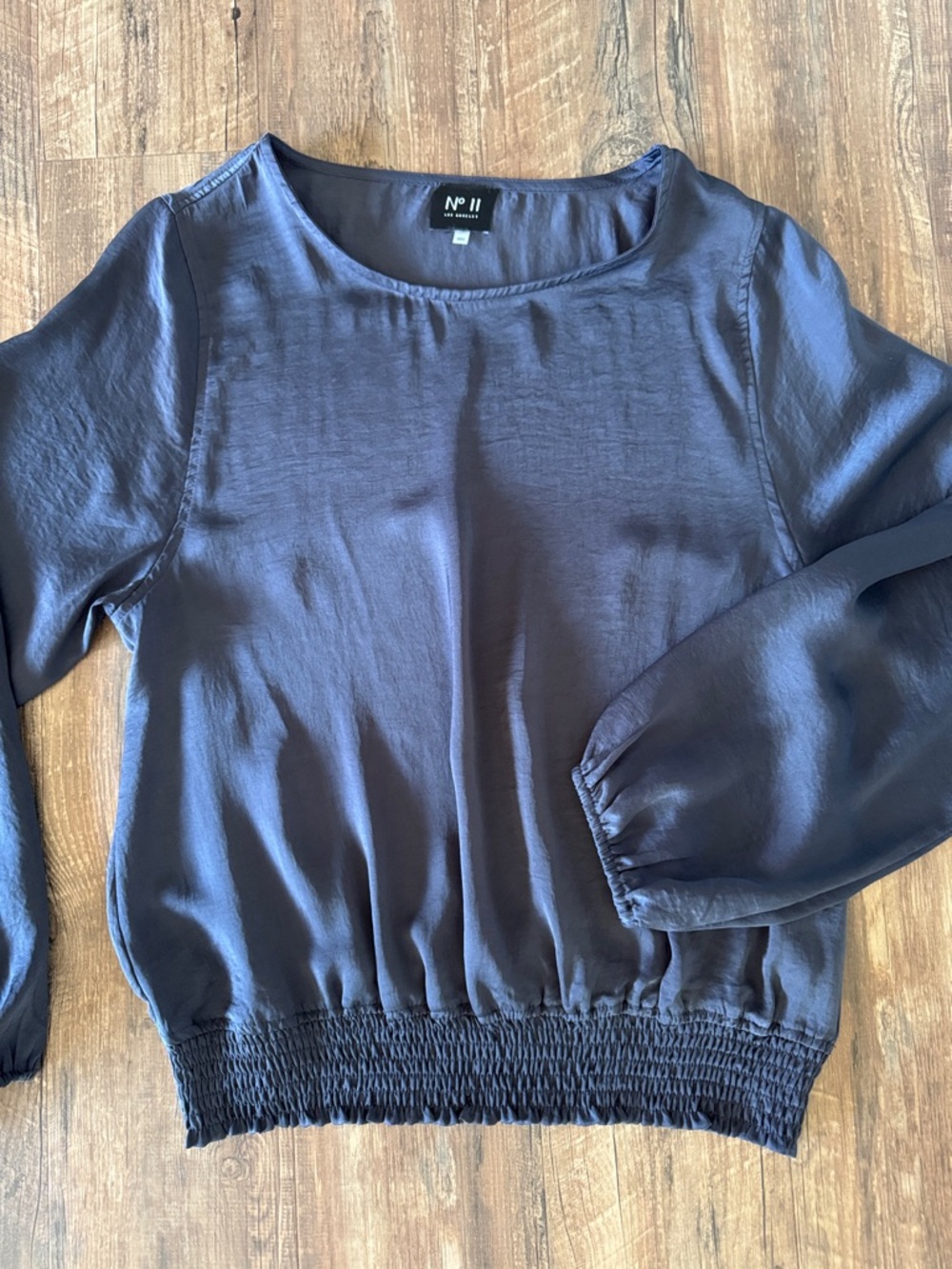 No. 11 Navy Smocked Hem Long Sleeve Blouse